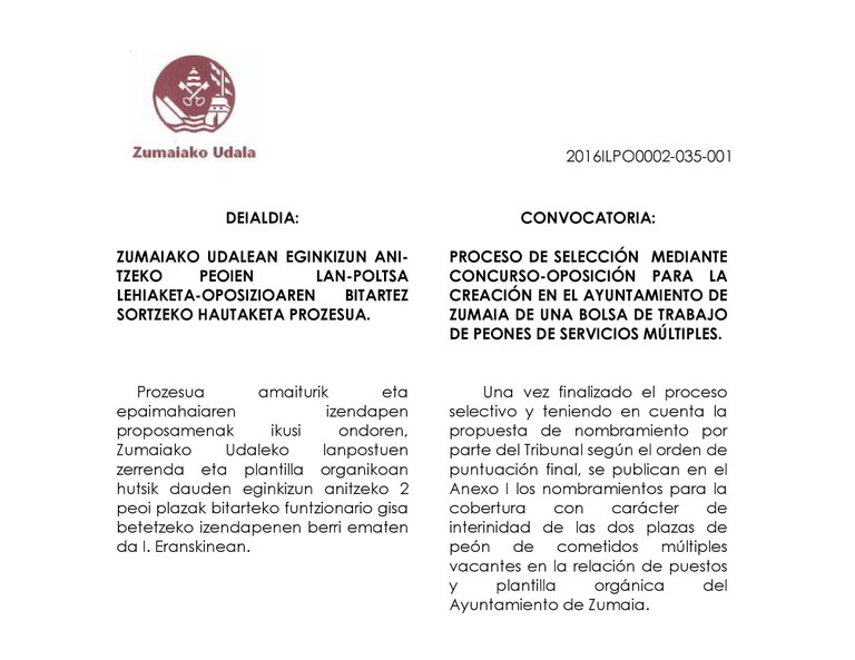 BOLSA DE TRABAJO DE PEONES / Nombramiento para cubrir las 2 plazas de peón de cometidos múltiples del Ayuntamiento de Zumaia