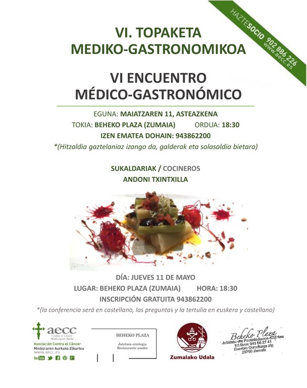 CHARLA MÉDICO-GASTRONÓMICA REFERENTE AL CÁNCER DE COLON EL PRÓXIMO 11 DE MAYO EN EL RESTAURANTE BEHEKO PLAZA