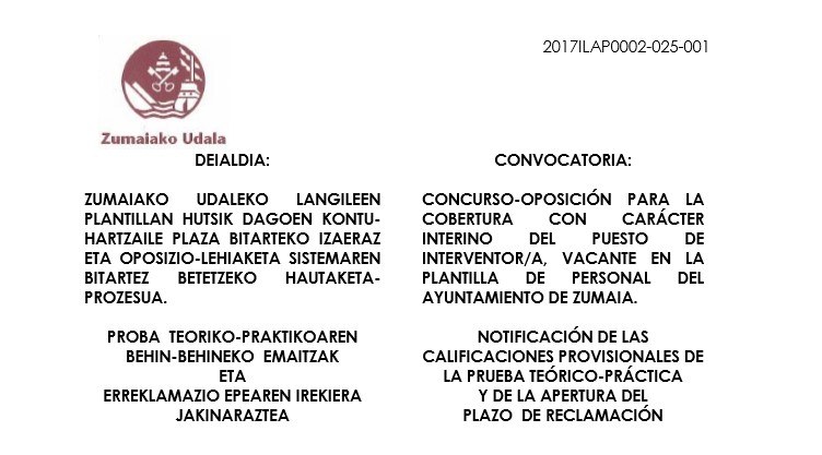 Listado provisional de los resultados de la primera prueba de a fase de oposición para cubrir el puesto de interventor-a del Ayuntamiento