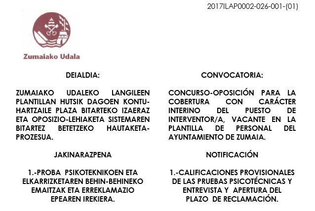 Listado provisional de los resultados de la prueba psicotéctica de la fase de oposición para cubrir el puesto de interventor-a del Ayuntamiento y plazo para reclamaciones