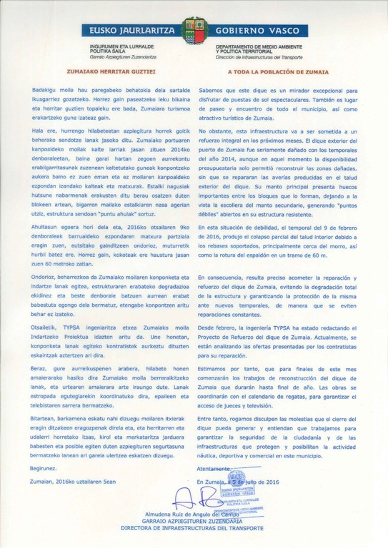 NOTA DEL GOBIERNO VASCO SOBRE EL PASEO DEL FARO