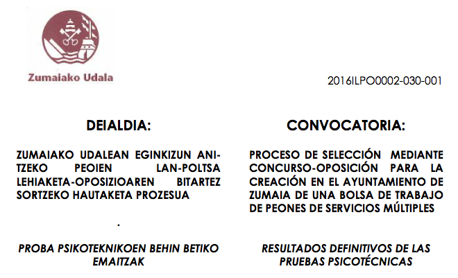 OFERTA DE EMPLEO DE PEONES / RESULTADOS DEFINITIVOS DE LAS PRUEBAS PSICOTÉCNICAS