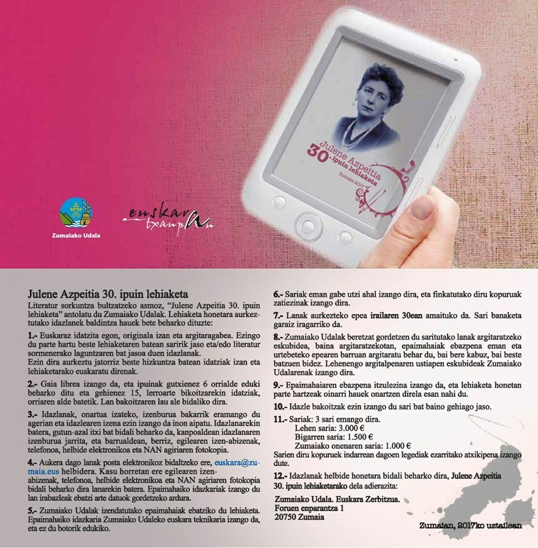 Últimos días para presentar los trabajos de la 30 edición del concurso de literatura Julene Azpeitia