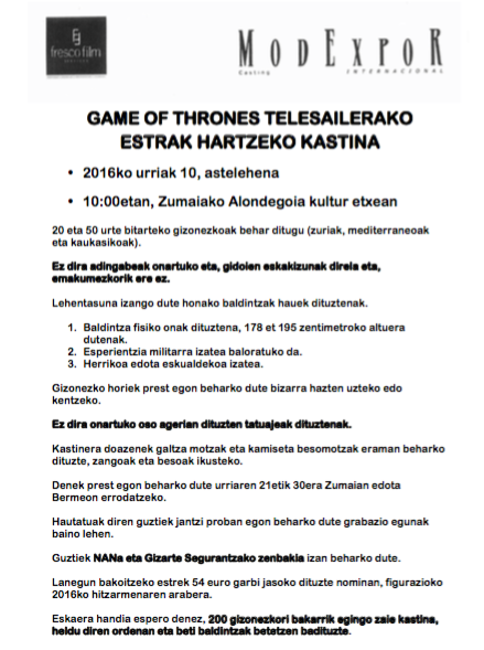 GAME OF THRONES TELESAILERAKO ESTRAK HARTZEKO KASTINA
