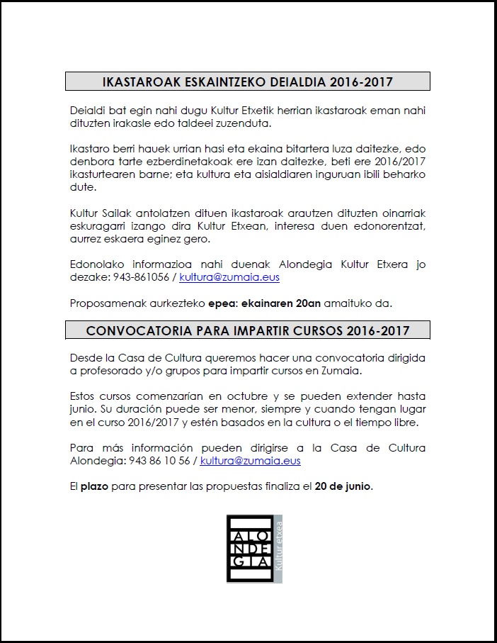 Ikastaroak aurkezteko deialdia Ikastaroak aurkezteko deialdia